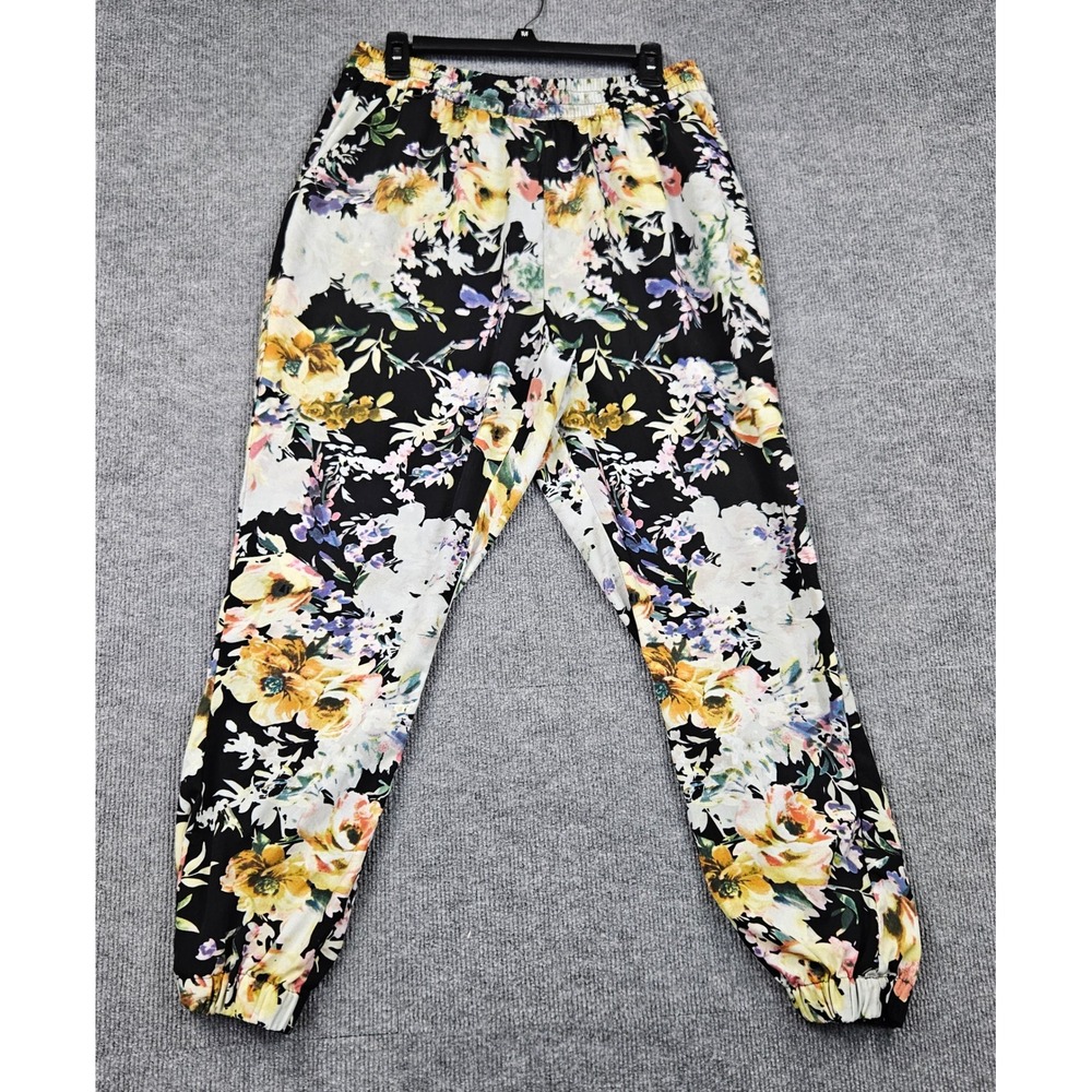 Buffalo David Bitton Womens XL Floral Jogger Pants Black Multi Elastic Waist